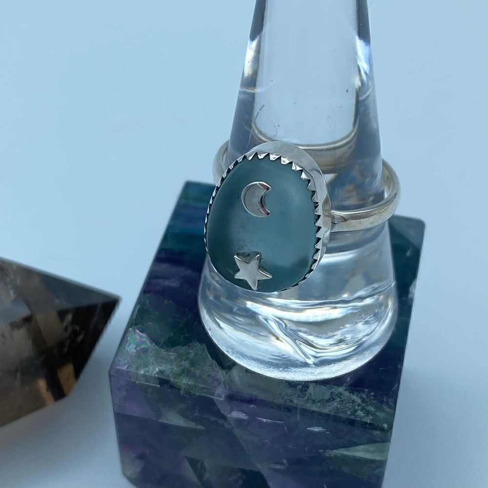 Moon & Star Sea Tumbled Sea Foam Sea Glass Sterling Silver Ring Size 10